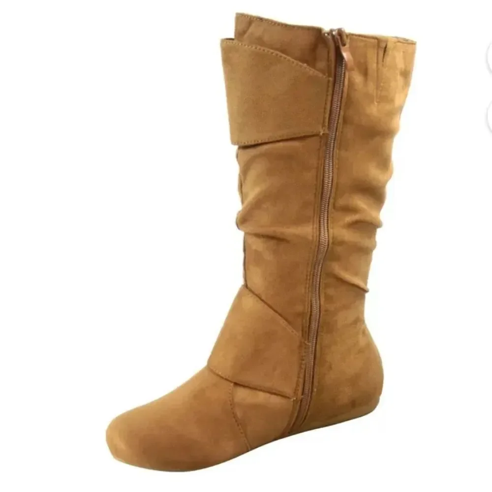 LINK ZIPPER BUCKLE SLOUCH CASUAL FLAT HEEL MID CALF ROUND TOE BOOTIES